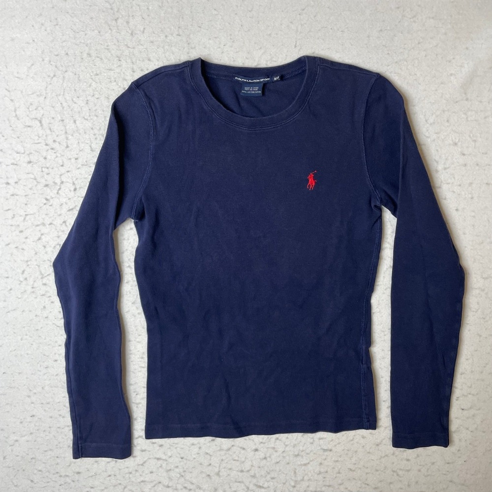Ralph Lauren Sport Womens Navy Blue Long Sleeve Ribbed Cotton T-Shirt Size M